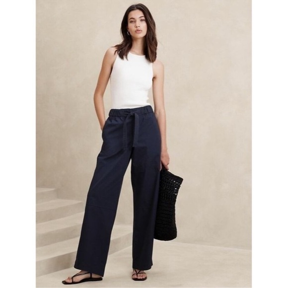 BANANA REPUBLIC Navy Blue Poplin Straight Leg Pants Modern Basic Casual Chic 8 - Picture 2 of 14